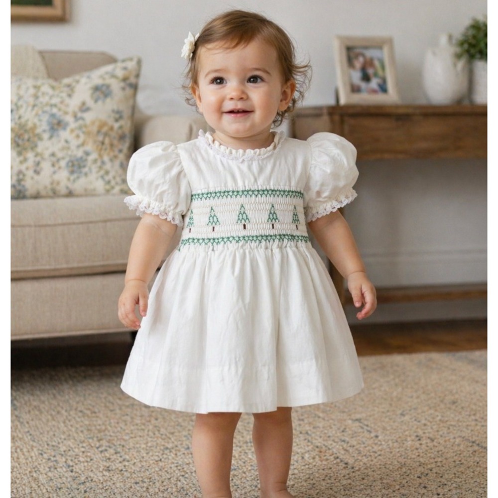 Vintage Kids White Hand Smocked Christmas Tree Dress Lace Puff Sleeve Sash